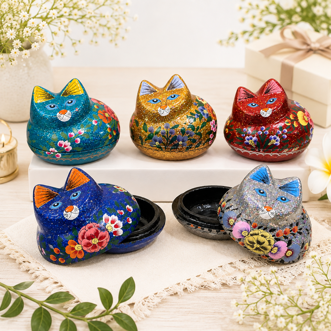 Paper mache cat box, Set of 5 , Hand painted Easter Decoration, handmade cat box, paper mache box, paper mache trinket box, kashmiri paper mache box